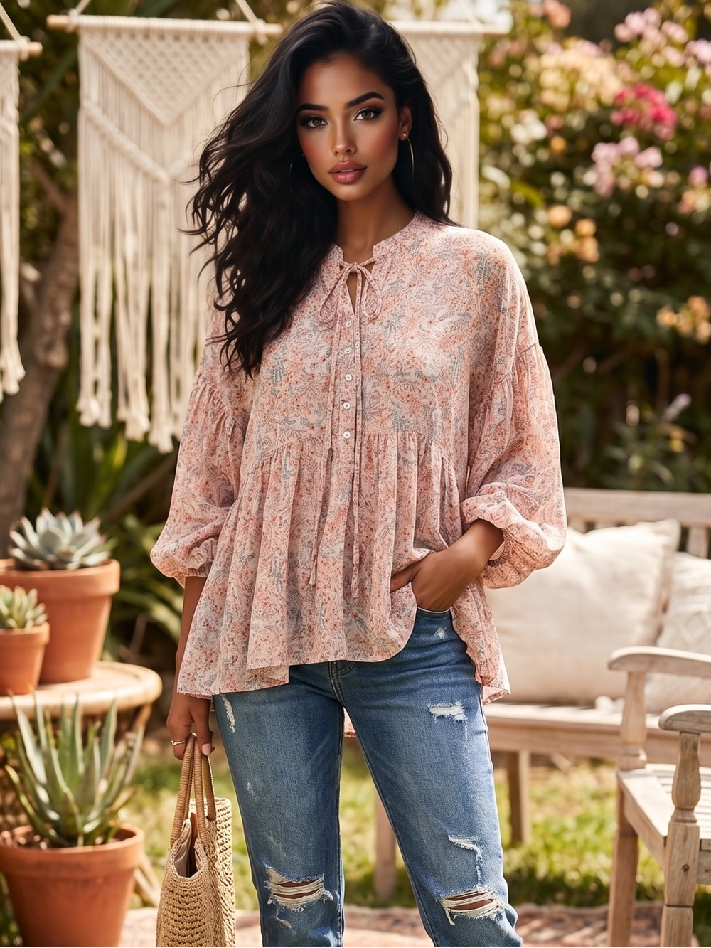 🌟B667. Boho Chic Tie Neck Peasant Blouse